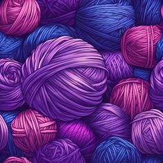 purple and blue balls of yarn are shown in this seaming pattern, which is very colorful