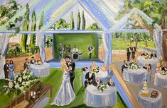 a painting of a wedding in a tent with people standing around the tables and eating