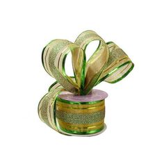 a green and gold ribbon on top of a purple container with a flower in it