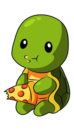 a cartoon turtle holding a piece of pizza in its hand and looking at the camera