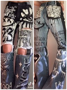 Custom Jeans Paint Ideas, Graffiti Jeans Outfit, Grunge Jeans Diy, Grunge Painted Jeans, Jean Designs Diy Paint, Diy Jeans Paint Aesthetic, Alt Pants Diy, Custom Jeans Diy Paint, Diy Painted Pants