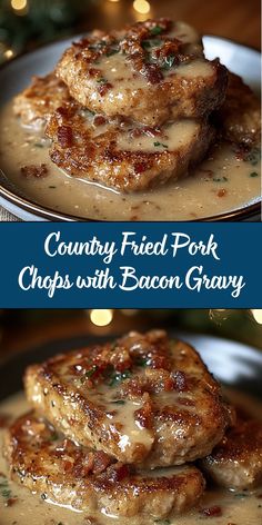 two pictures of pork chops with bacon gravy in a white sauce on a plate