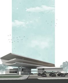 an architectural rendering of a building with cars parked in front of it and birds flying overhead