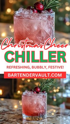 two glasses filled with ice and cranberries on top of a counter next to a christmas