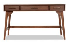 a wooden desk with two drawers on top and one drawer at the bottom, against a white background