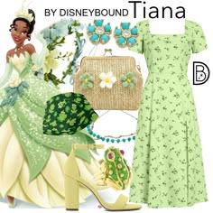 the princess and the frog is dressed up in disney's green dress with matching accessories