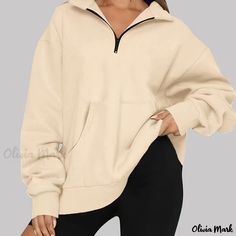 Olivia Mark - Zip Front Pocket Pullover Sweatshirt, Casual Long Sleeve Crew Neck Sweatshirt, Women's Clothing Crew Neck Sweatshirt Women, Trendy Fall Fashion, Simple Sweatshirt, Low Cut Dresses, Suspenders For Women, Fashion Y2k, Pajama Dress, Suspender Skirt, Solid Color Dress