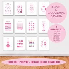 a set of 12 educational posters with different font and numbers in pink on the wall