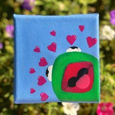 a painting of a tv with hearts flying out of it on a blue background surrounded by pink and purple flowers