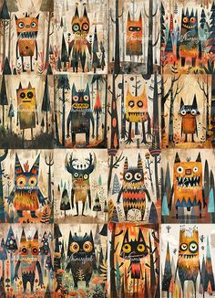 an image of owls in the woods with many different colors and sizes on their faces