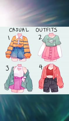 four different types of clothes with the words casual outfits written below each shirt and shorts