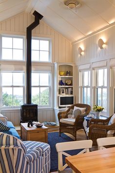 a living room filled with furniture and a fire place in the middle of a room