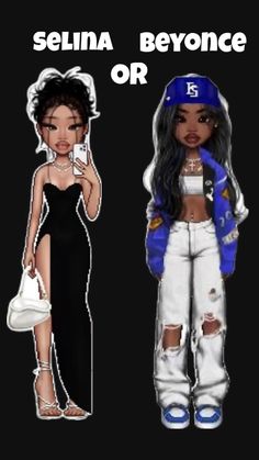 two cartoon dolls are standing next to each other, one is holding a handbag