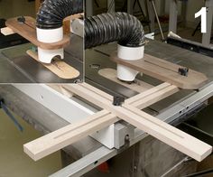 three images show the process of making an object with wood and duct hoses on it