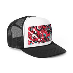 Claim your fashion-forward status with this playful Trucker Cap! Splashed with vibrant red and white, the cap boasts an eye-catching Pop Art pattern. Detailed with abstract shapes, thick black outlines, and trendsetting Ben-Day dots, it's a perfect blend of modern and sophisticated. Amplifying its charm are cartoon characters, dynamically styled to enhance your trendy look. The perfect balance of large and small elements ensures a visually striking creation. #PopArt #TruckerCap #FashionTrend #RedWhiteCap #CartoonCharacters #ModernDesign #SophisticatedStyle #EyeCatching #Playful #Trendy Black Retro Trucker Hat For Summer, Retro Black Trucker Hat For Streetwear, Casual Black Hat For Music Festival, Black Retro Trucker Hat, Trendy Multicolor Hat For Streetwear, Fun Adjustable Hat With Graphic Print, Funky Adjustable Hat For Streetwear, Trendy Multicolor Streetwear Hats, Fun Adjustable Graphic Print Hat