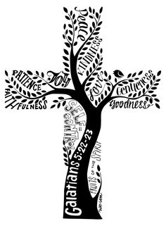 a black and white tree with words written in the shape of a cross on it