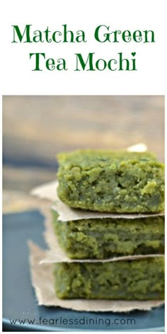 matcha green tea mochi is stacked on top of each other with text overlay