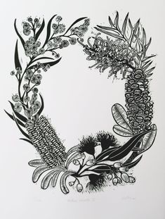 a black and white drawing of a wreath with flowers