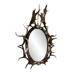 a mirror with antlers on it is shown against a white background and looks like an animal's head