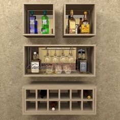 three shelves with liquor bottles and glasses on them in the corner of a bathroom wall