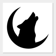 a black and white silhouette of a howling wolf on the moon with its mouth open