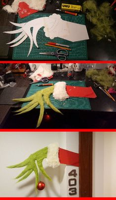 three pictures show the process of making an ornament with scissors and paper machs