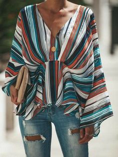 Kimono Top Outfit, Loose Top, Teal Orange, Women Long Sleeve Tops, Orange Cream, Loose Tops, Boho Blouses, Work Blouse, Navy Stripes