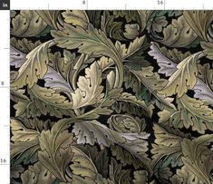 an intricately designed wallpaper with leaves and flowers in gold, green, and black