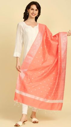 Add a touch of elegance to your wardrobe with this exquisite piece of splendid shaded Banarasi Silk Dupatta. Swathed with elegant woven motifs, this classic stunner in super smooth fabric is a must in your ethnic collection. This Fine Banarasi  dupatta is adorned with beautiful woven motifs along with rich silver zari border. Size:2.4 meters, Fabric: Silk A beautiful creation from the house of Dupatta Bazaar is perfect for festivities and special occasions! Festive Slub Silk Dupatta, Elegant Banarasi Silk Kurta, Diwali Slub Silk Dupatta, Elegant Handloom Straight Kurta, Elegant Straight Kurta With Zari Weaving, Wedding Kurta With Woven Motifs For Transitional Season, Transitional Wedding Kurta With Woven Motifs, Elegant Orange Kurta For Diwali, Elegant Orange Kurta For Festive Occasions