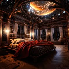 a large bed sitting under a sky filled with stars