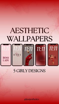 an advertisement for aesthetic wallpapers featuring five girly designs in red and black