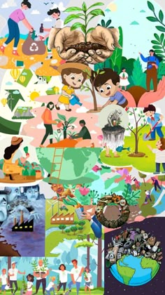 an image of many different people in the same area with trees, plants and other things