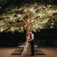 a bride and groom standing under a tree with fairy lights on it's branches