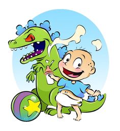 a baby sitting on top of a green dragon next to an infant in a blue shirt