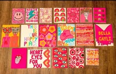 many different greeting cards are laid out on the floor