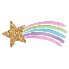 a gold glitter star with rainbows on it's side, against a white background