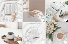 a collage of photos with coffee, books and flowers