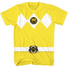 a yellow t - shirt with white and black designs on it