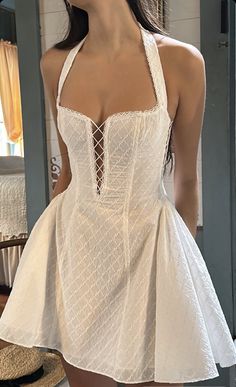 Mirror Palais, Mini Robes, Elegante Casual, Backless Mini Dress, Dress Lace, Spaghetti Strap Dresses, White Mini Dress, Look Fashion, Fit And Flare