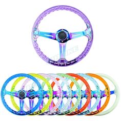 an assortment of colorful steering wheels and spokes