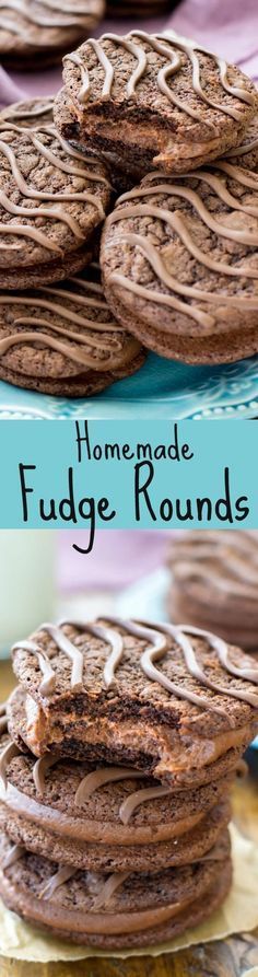 chocolate fudge cookies stacked on top of each other with the words, homemade fudge rounds