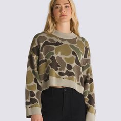 Camo, but make it cozy. The Cammile Camo Pullover Sweater will be your new comfy favorite wardrobe staple, with a chic cropped mock neck style topped with fashionable bell sleeves. 100% Cotton fabric Chenille knit Camo print Cropped pullover Mock neck Bell sleeve | Vans Cammile Camo Pullover Sweater Womens Large Snowboarding Women, Outerwear Outfit, Sweater Pants, Camo Print, Jeans Dress, Outerwear Women, Socks Women, Sweater Hoodie, Pullover Sweaters