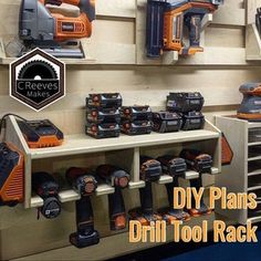 tools are on display in a shop with the words diy plans drill tool rack