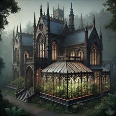 an artist's rendering of a gothic - style house in the woods with its glass roof