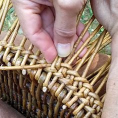 a person is holding a basket made out of wicker and bamboo sticks with one hand