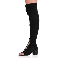 Discover our unique Black Thigh High Lace up Boots Open Toe Chunky Heel Suede Long Boots,perfect for the very best in custom,handmade shoes  with FREE shipping. Thigh High Boots Outfit Winter, High Boots Outfit Winter, Strappy Boots, High Lace Up Boots, Thigh High Boots Outfit, Dancing Club, Party Dancing, Gladiator Boots