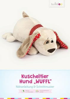 the stuffed dog is laying down with its head on it's back and eyes closed