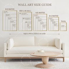 the wall art size guide for living room and bedroom is shown above a white couch