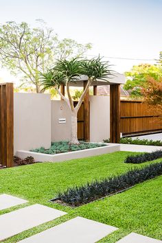 an outdoor garden with grass and trees