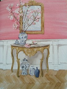 a painting of a table with vases and flowers on it in front of a pink wall